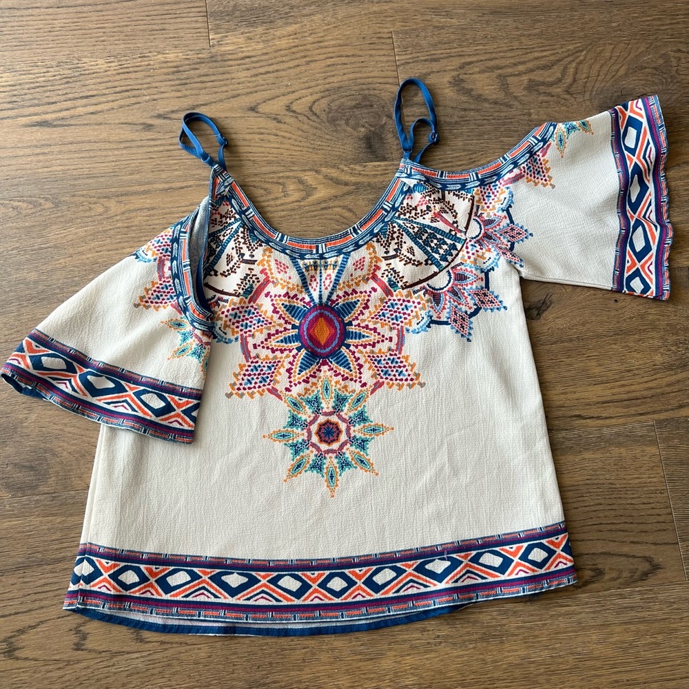 Flying Tomato, Cold Shoulder, Native Aztec, Loose Top, S, Lace Up, Bell Sleeves